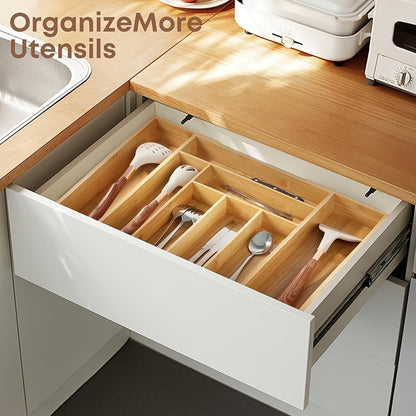 Premium Bamboo Kitchen Drawer Organizer - Expandable Cutlery & Utensil