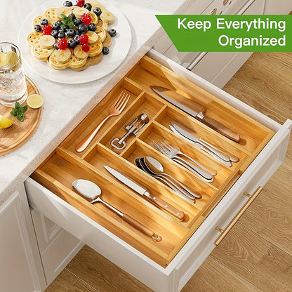 Premium Bamboo Kitchen Drawer Organizer - Expandable Cutlery & Utensil