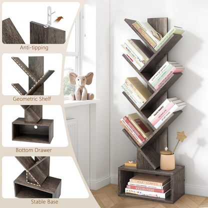 6 Tier Tree Bookshelf, Tall Bookcase with Drawer, Freestanding Book