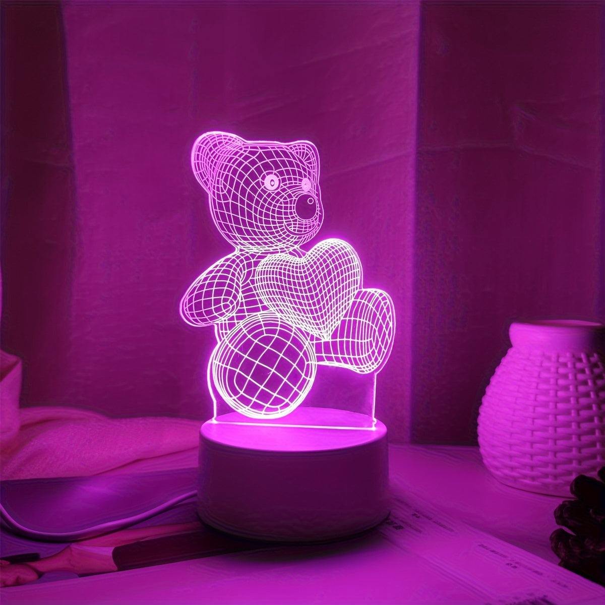 USB Romantic Pink Heart Bear 3D Night Light Decor