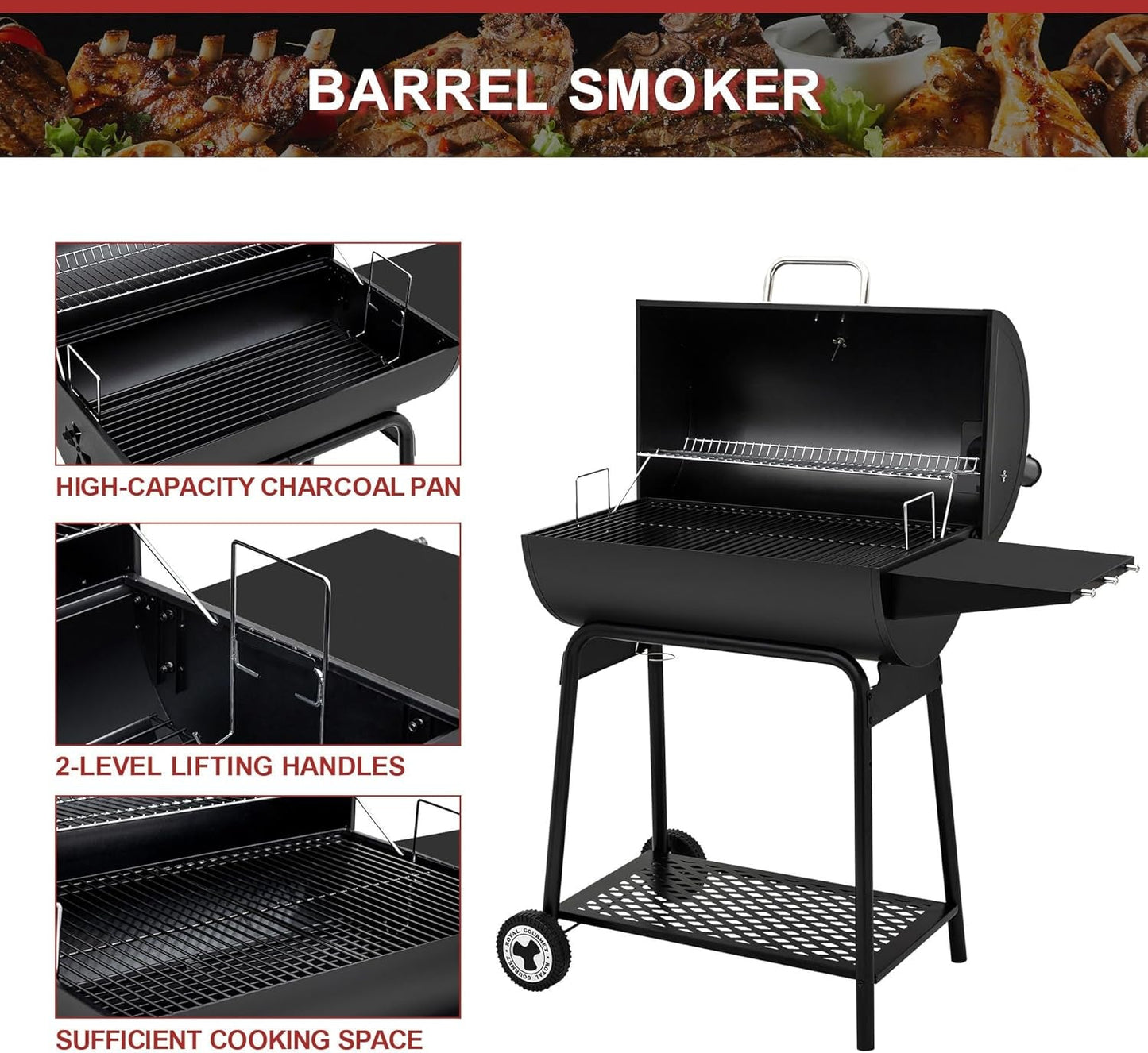 CC1830 30 Inch Barrel Charcoal Grill with Side Table, Outdoor BBQ