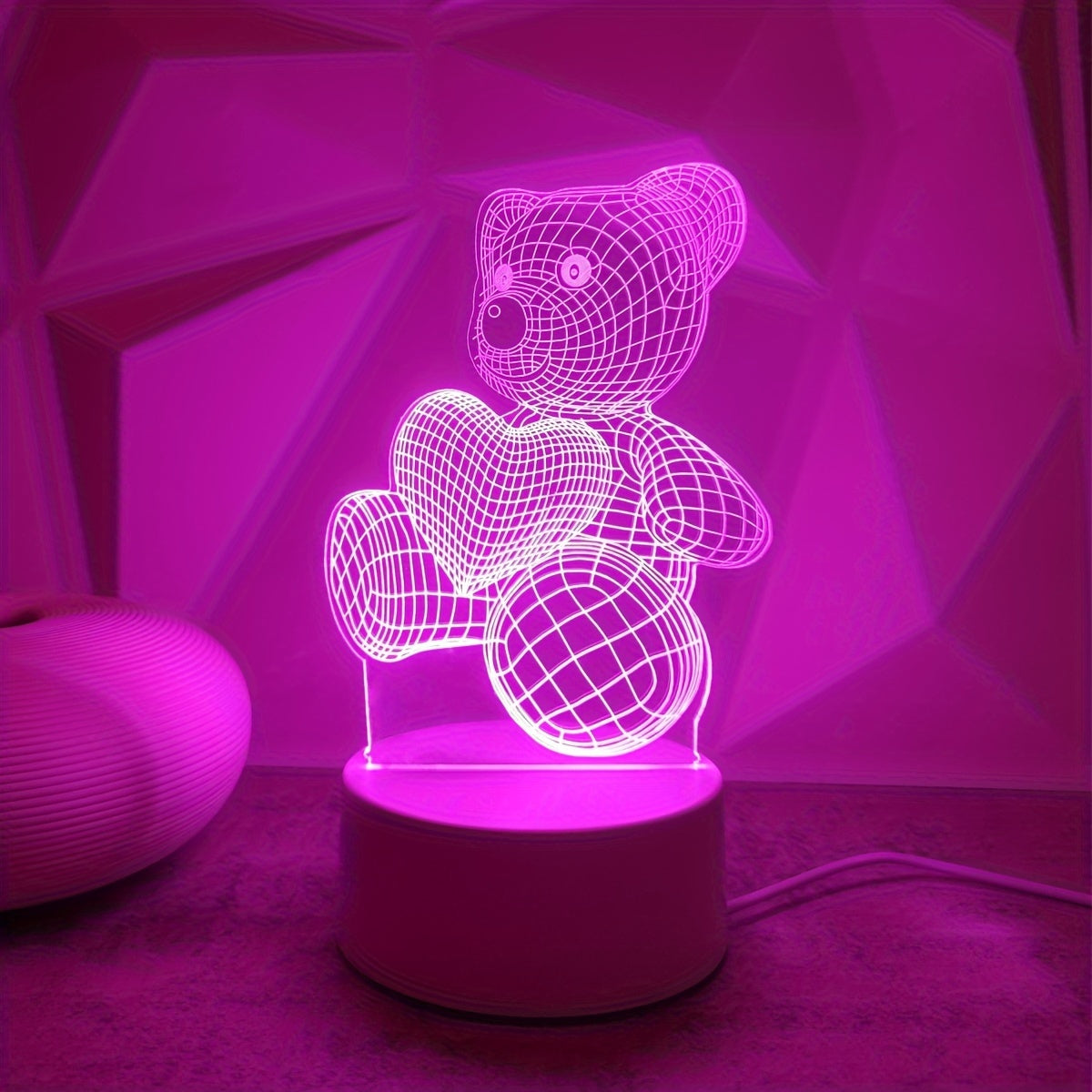 USB Romantic Pink Heart Bear 3D Night Light Decor