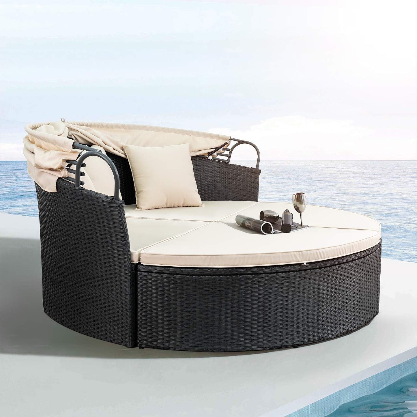 Patio Furniture Outdoor round Daybed with Retractable Canopy Wicker