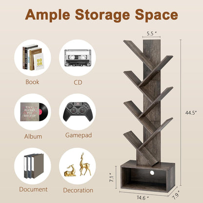 6 Tier Tree Bookshelf, Tall Bookcase with Drawer, Freestanding Book