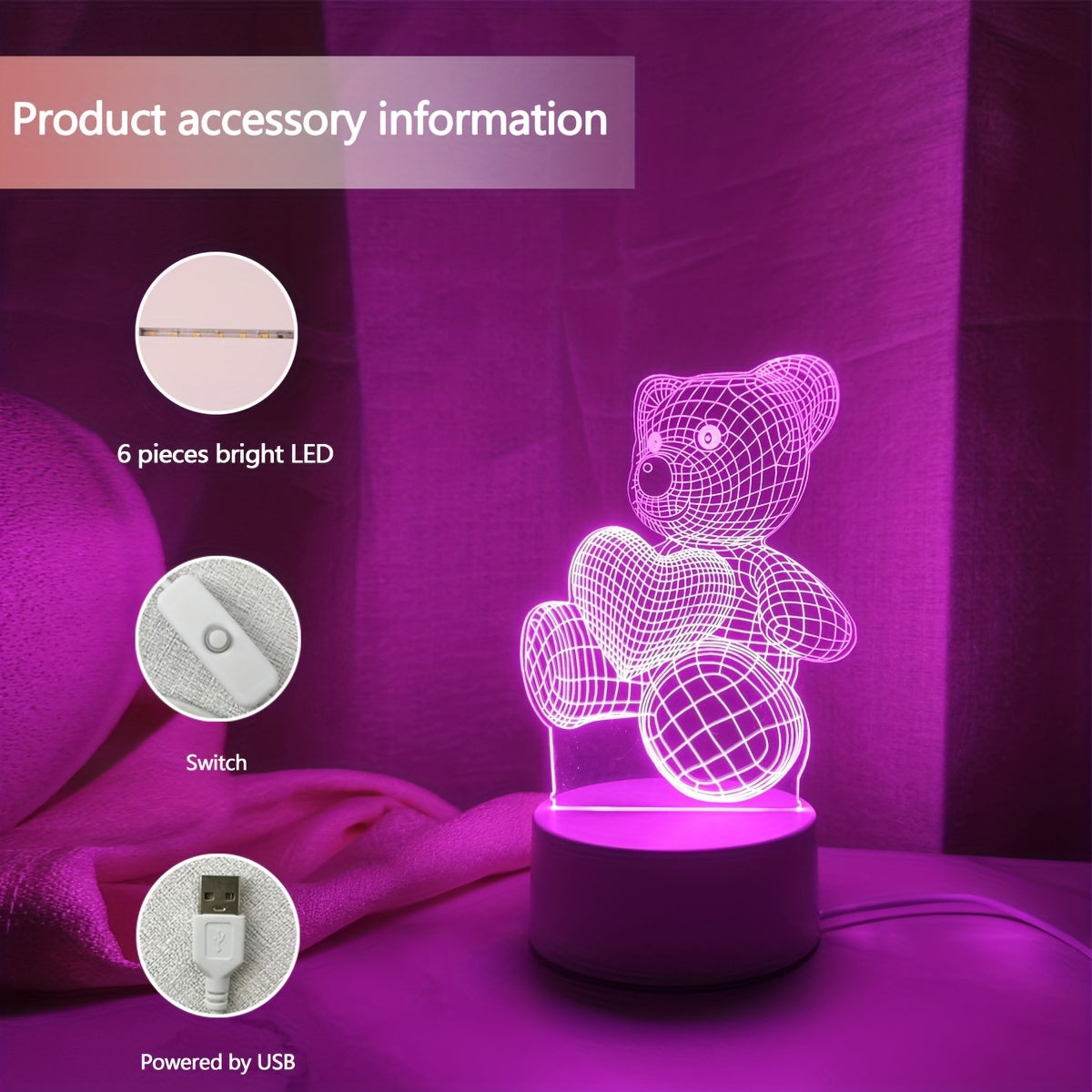 USB Romantic Pink Heart Bear 3D Night Light Decor