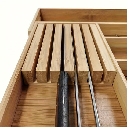 Expandable Bamboo Kitchen Drawer Organizer for Knives and Utensils