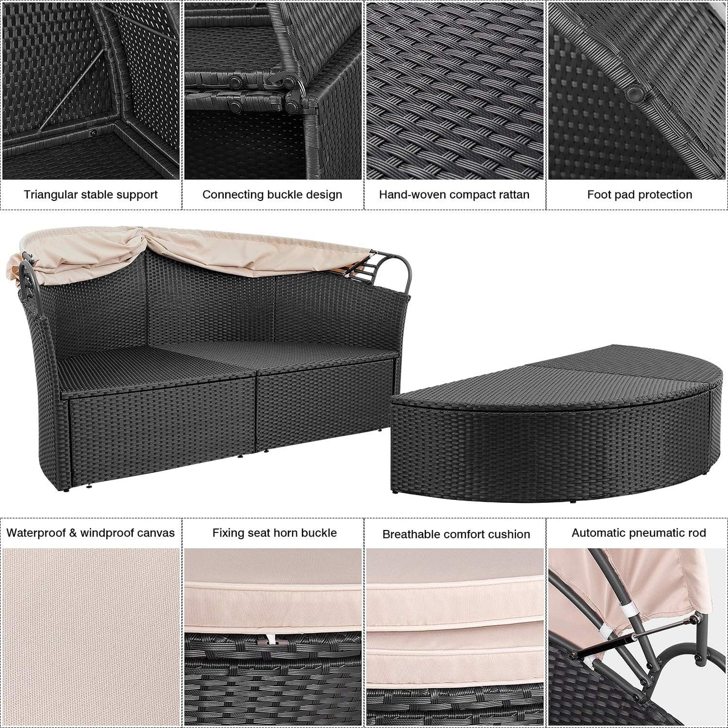 Patio Furniture Outdoor round Daybed with Retractable Canopy Wicker