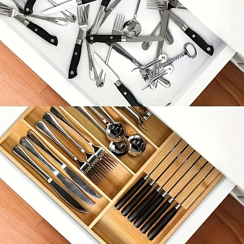 Expandable Bamboo Kitchen Drawer Organizer for Knives and Utensils