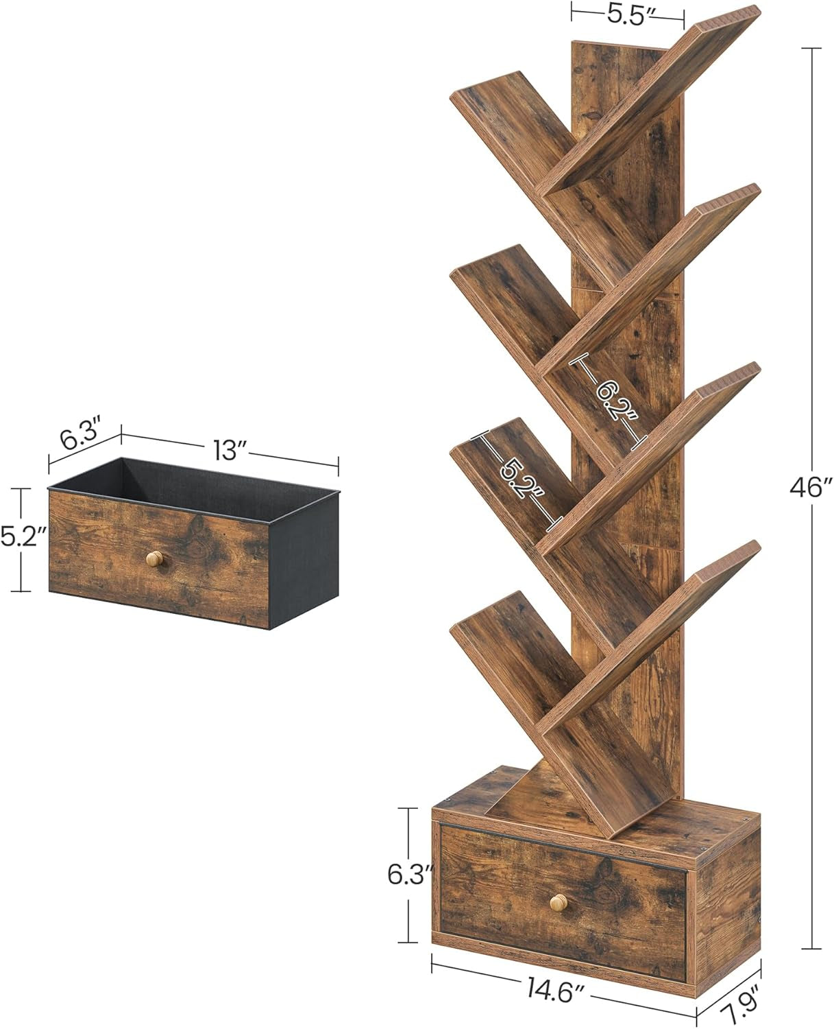 9 Tier Tree Book Shelf with Drawer, Floor Standing Bookshelf Storage