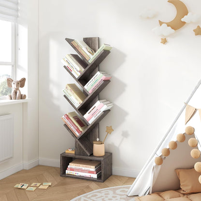 6 Tier Tree Bookshelf, Tall Bookcase with Drawer, Freestanding Book